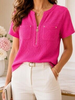 NEW Anne Klein Textured Fuchsia Top Gold Zip Blouse Medium Career Preppy